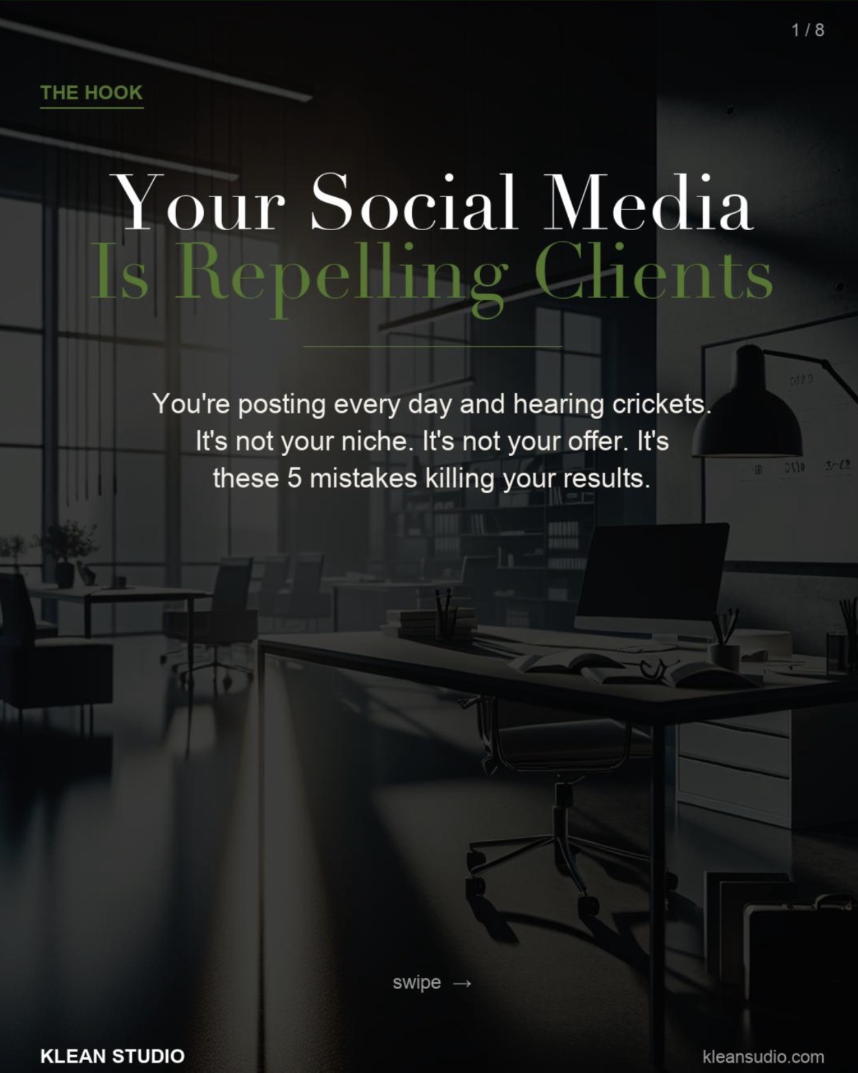 Carousel hook slide — Your Social Media Is Repelling Clients