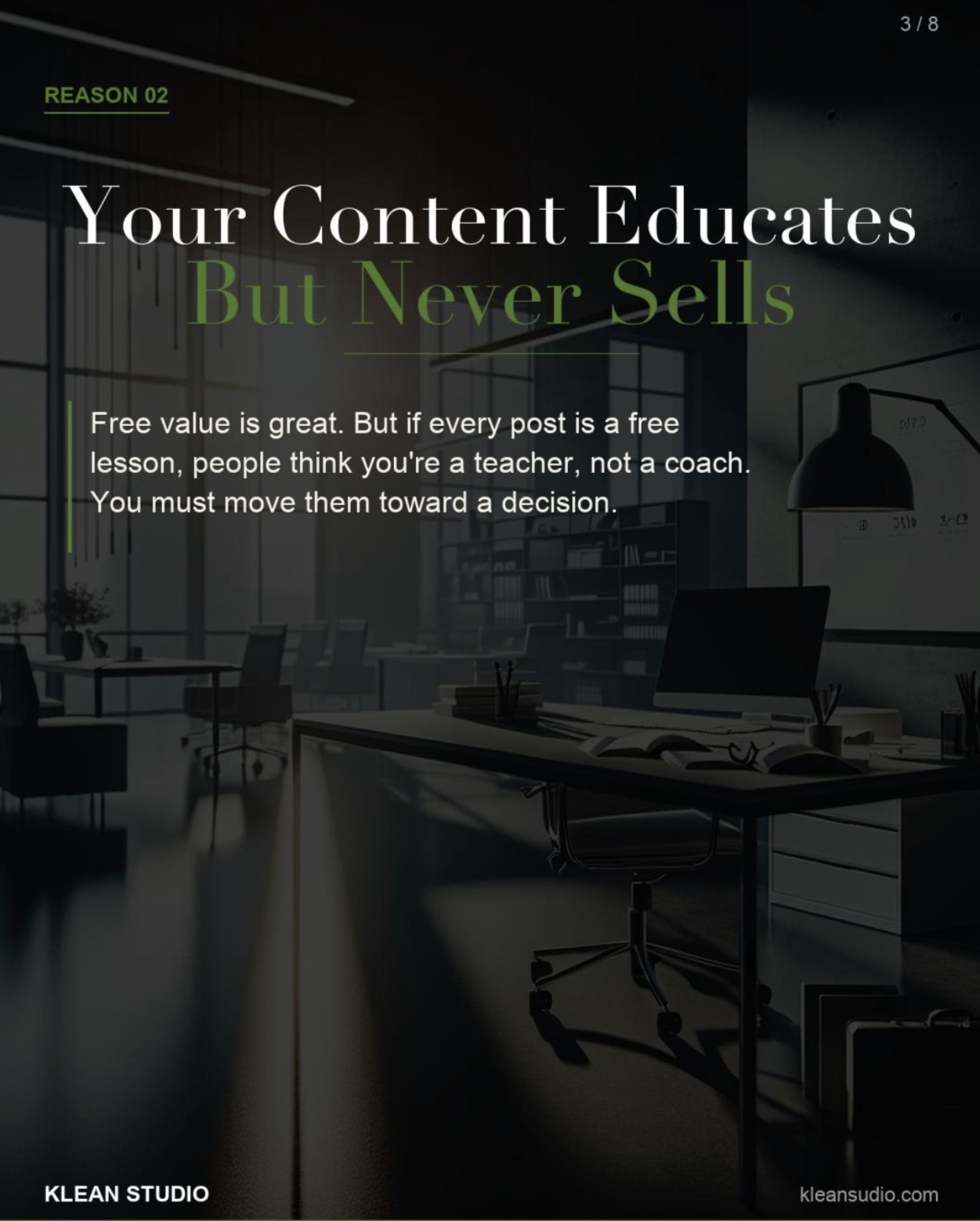 Carousel slide 3 — Your Content Educates But Never Sells